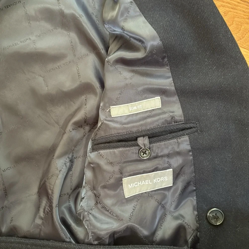 Michael Kors Men’s Slim Fit Dark Navy Double-Breasted Wool Pea Coat